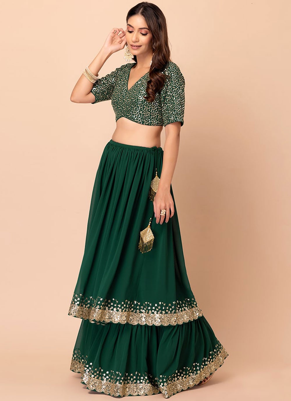 Sequins Georgette Green Lehenga Choli L3467