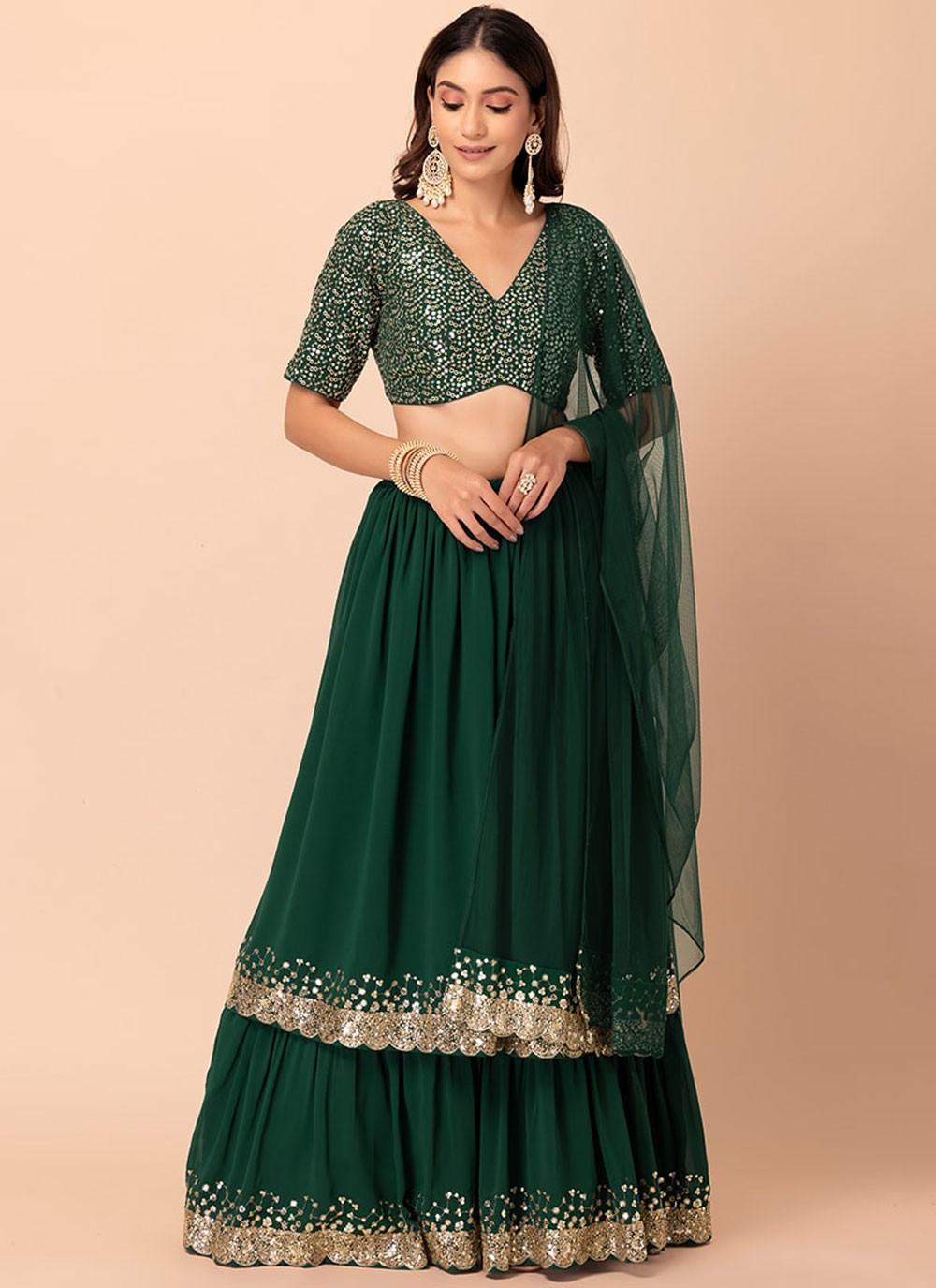 Sequins Georgette Green Lehenga Choli L3467