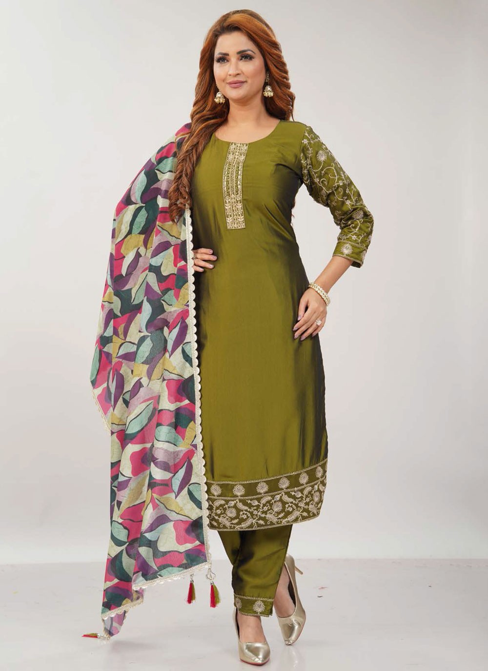 Pant Style Suit Embroidered, Zari Green T7683