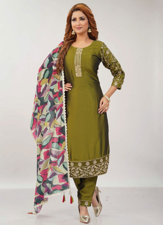 Pant Style Suit Embroidered, Zari Green T7683
