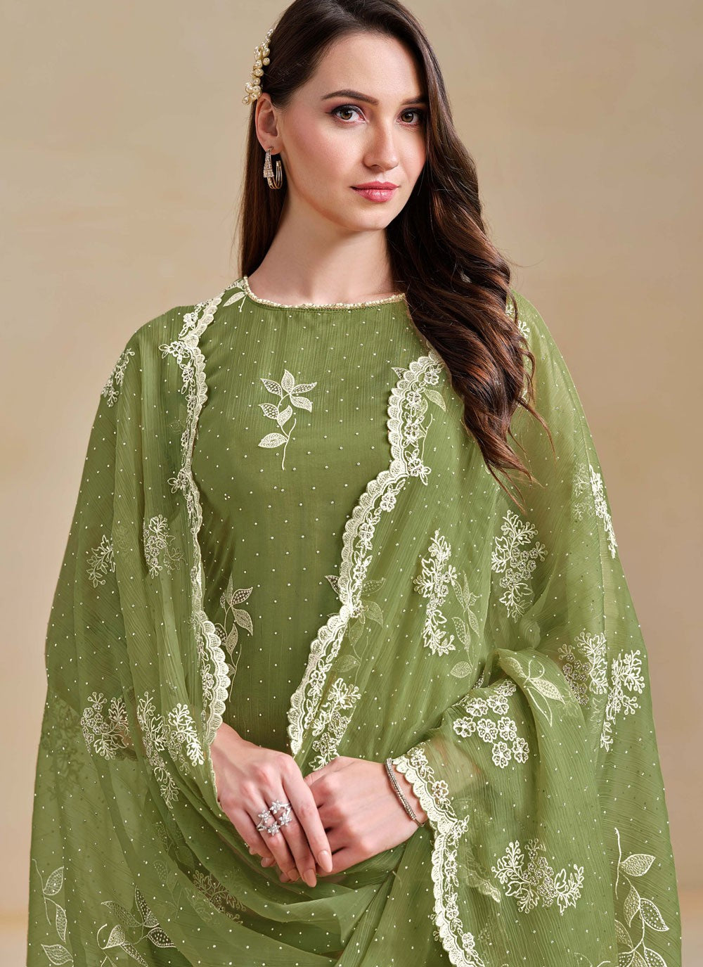 Pant Style Suit Embroidered, Swarovski Green T7712