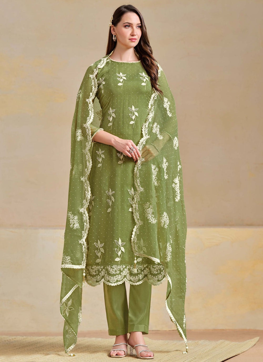 Pant Style Suit Embroidered, Swarovski Green T7712