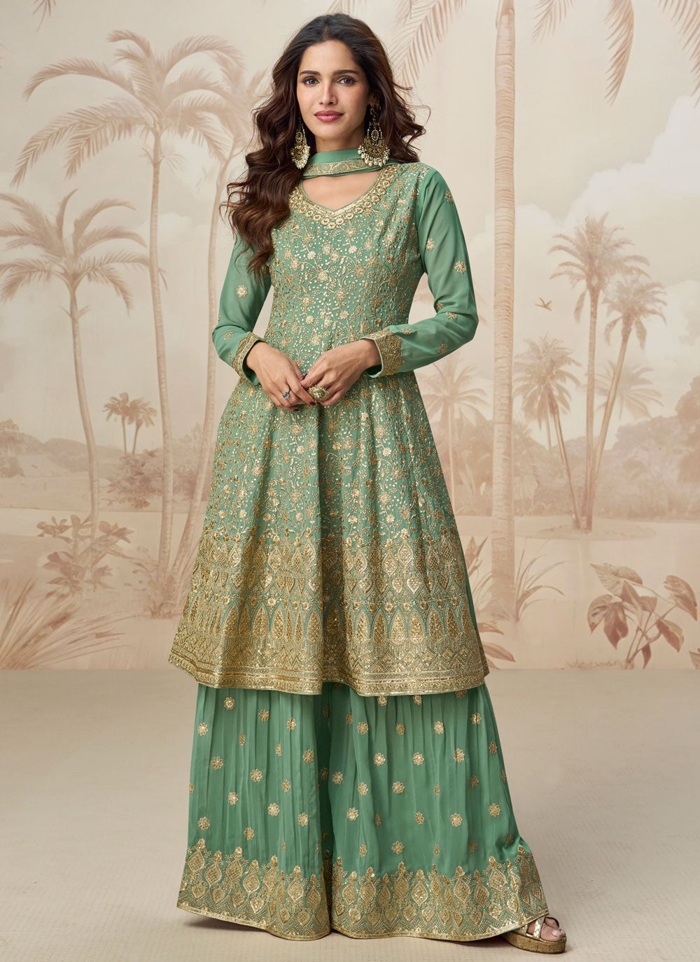 Embroidered Georgette Green Trendy Suit T6073