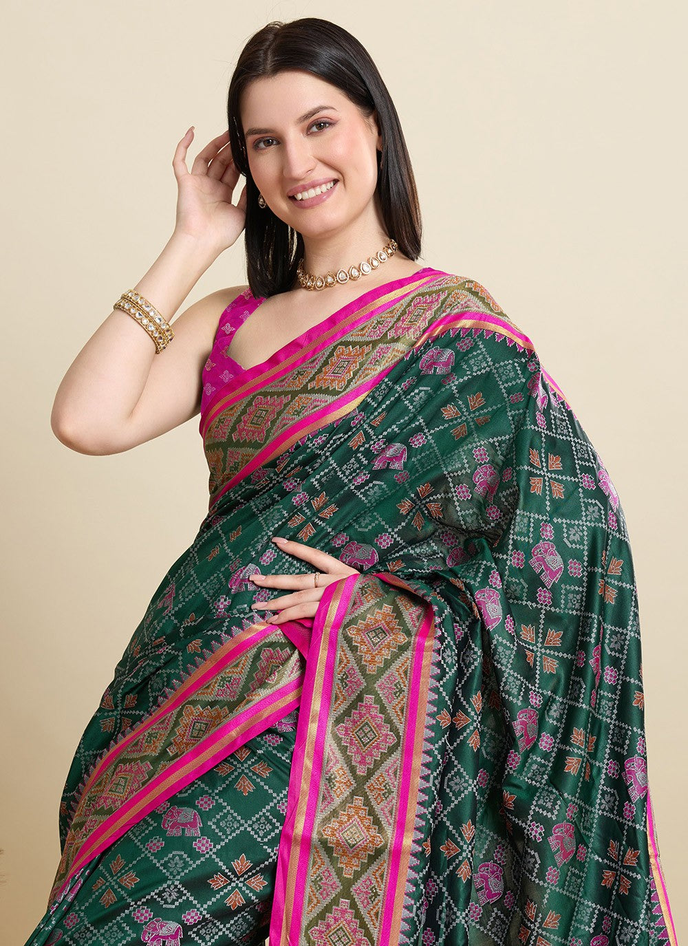 Green Patola Silk Contemporary Saree Meenakari S15942