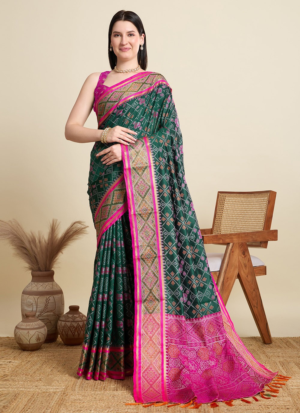Green Patola Silk Contemporary Saree Meenakari S15942