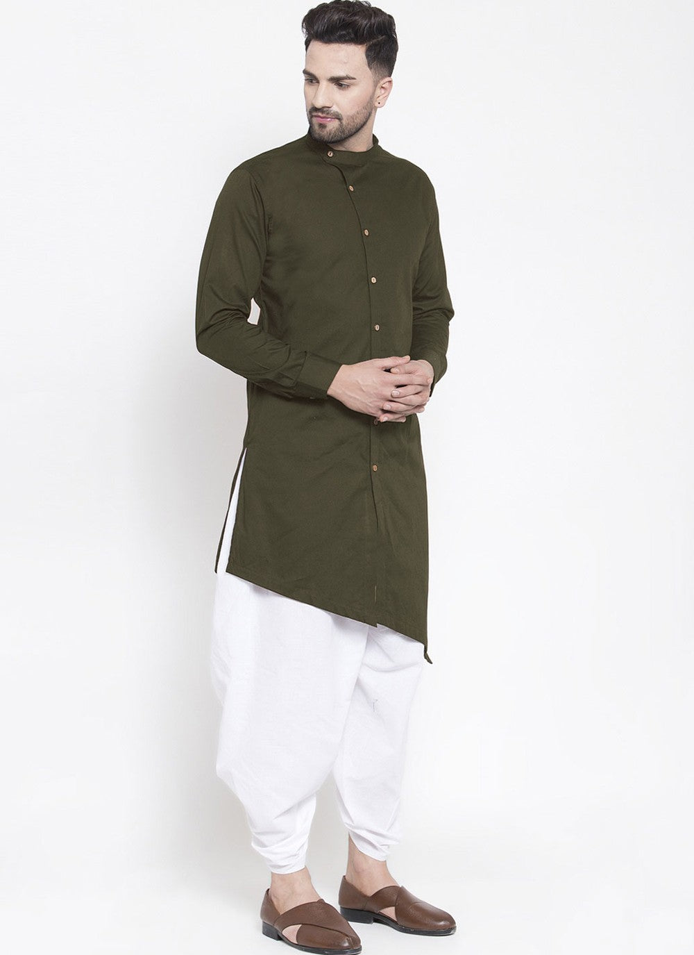 Plain Blended Cotton Green Dhoti Kurta - M4475