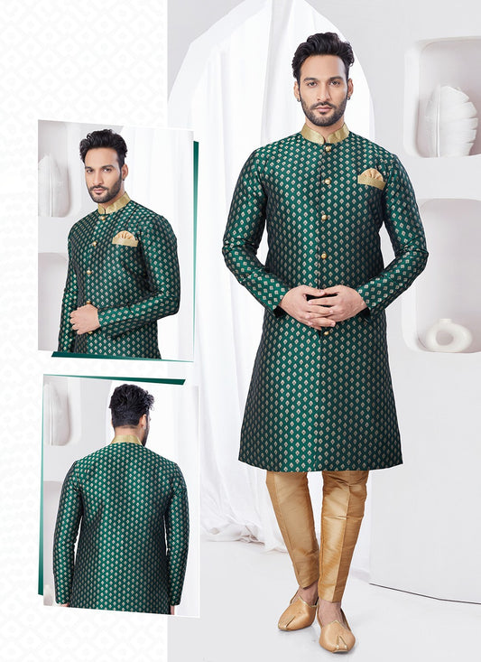 Plain Jacquard Green Indo Western - M7692