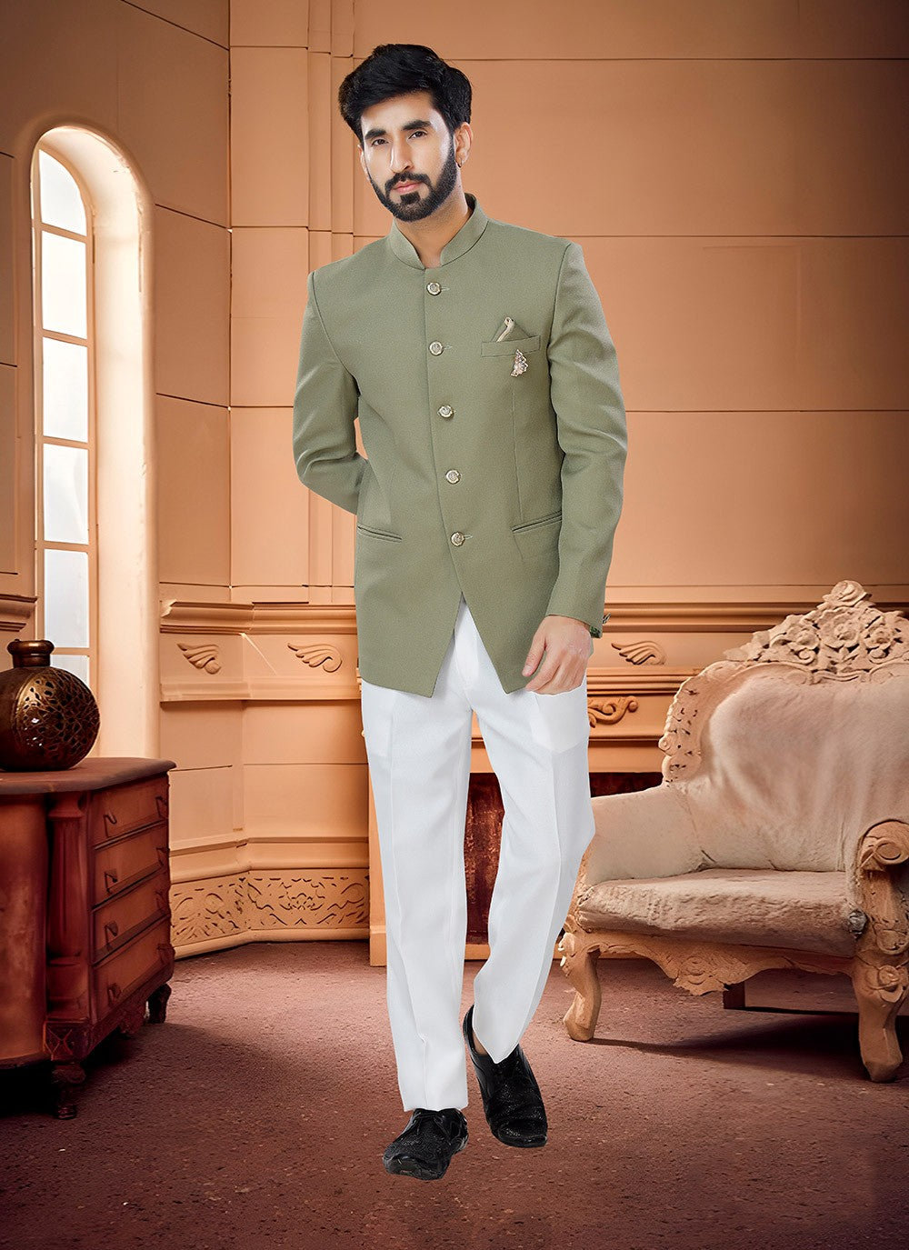 Plain Fancy Fabric Green Jodhpuri Suit - M4330