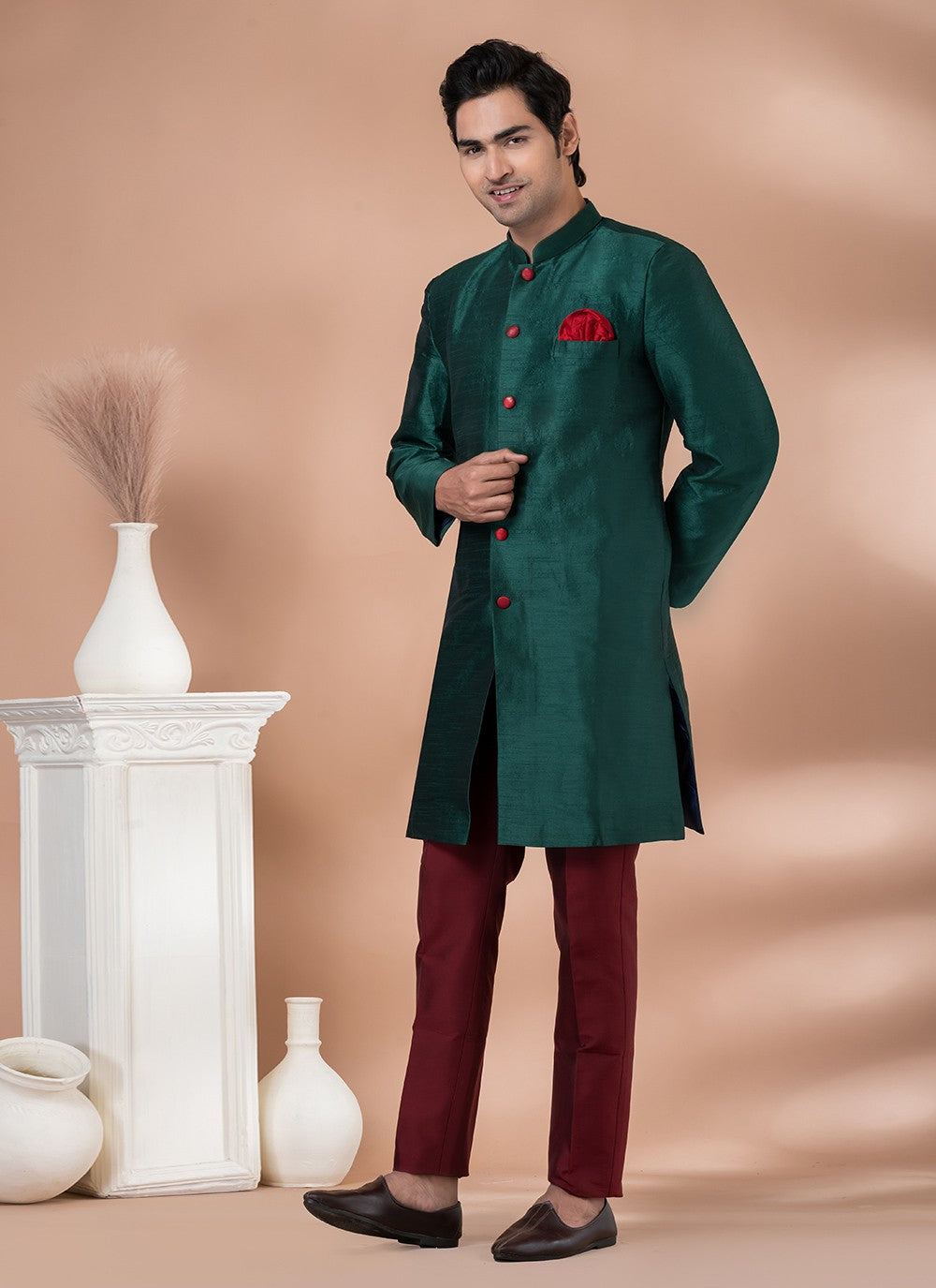 Plain Dupion Silk Green Indo Western - M7058