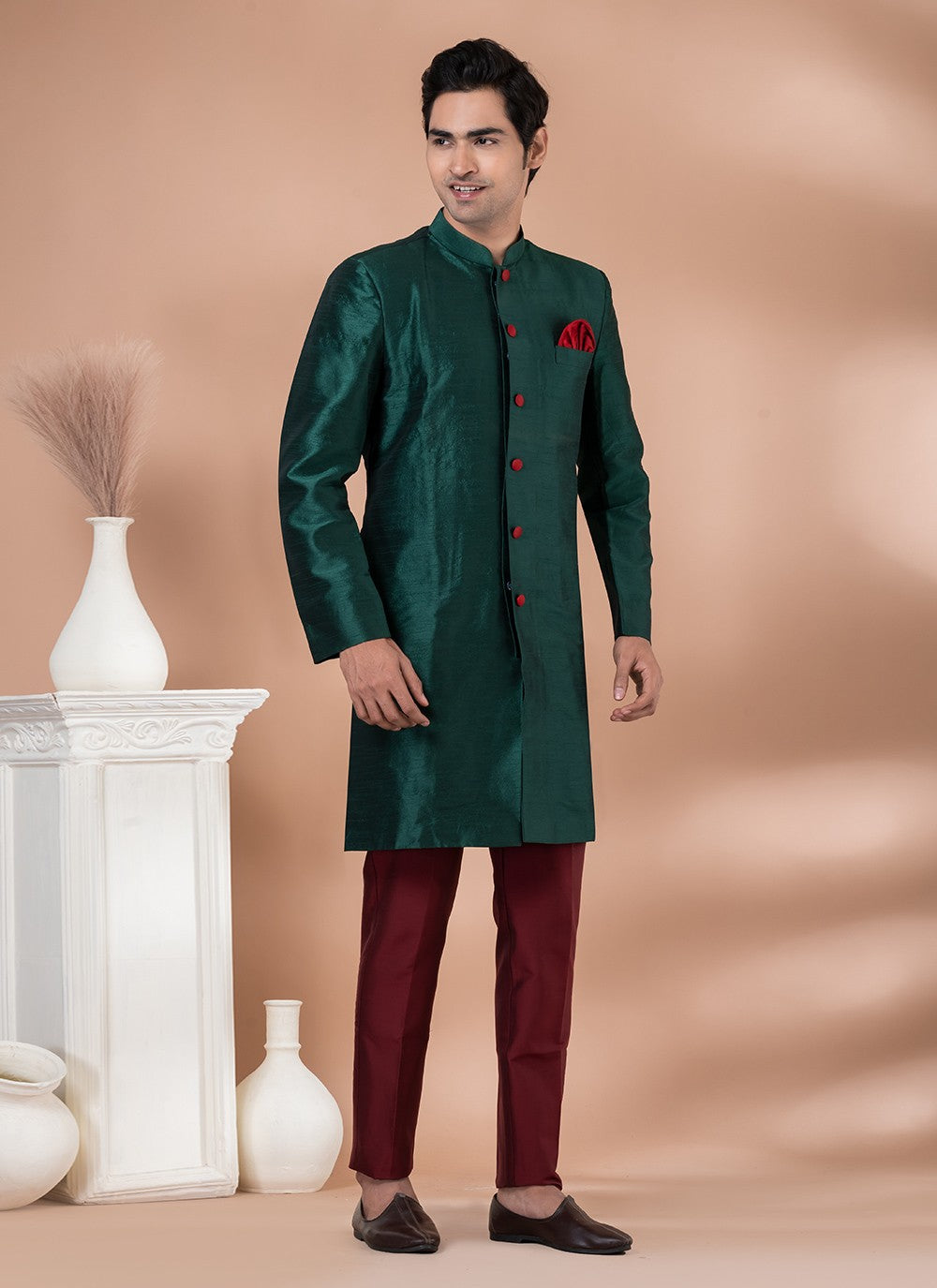 Plain Dupion Silk Green Indo Western - M7058