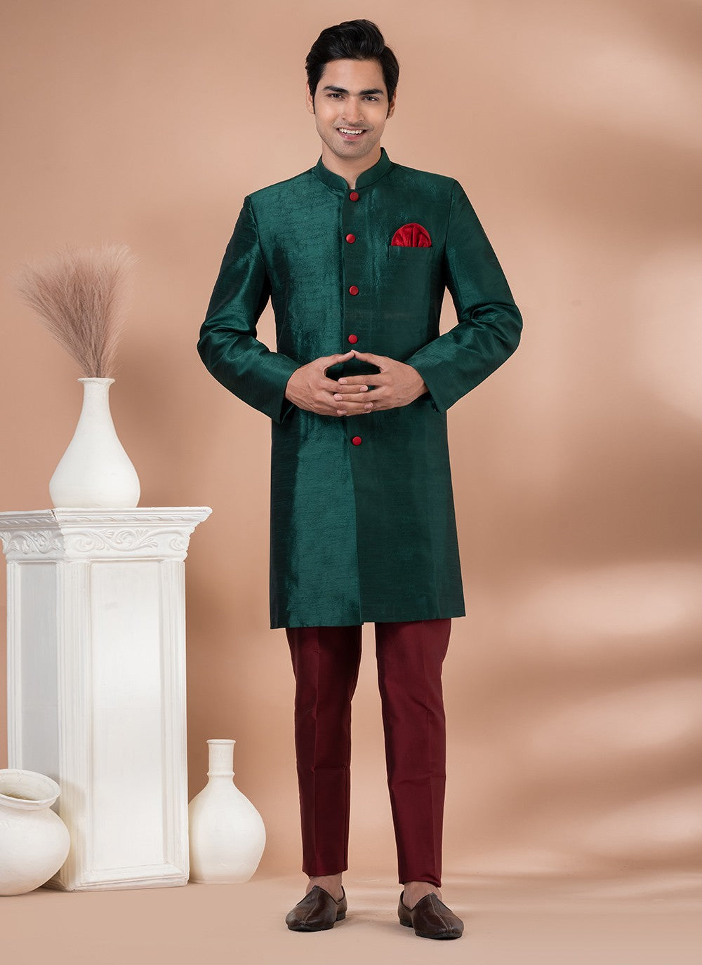 Plain Dupion Silk Green Indo Western - M7058