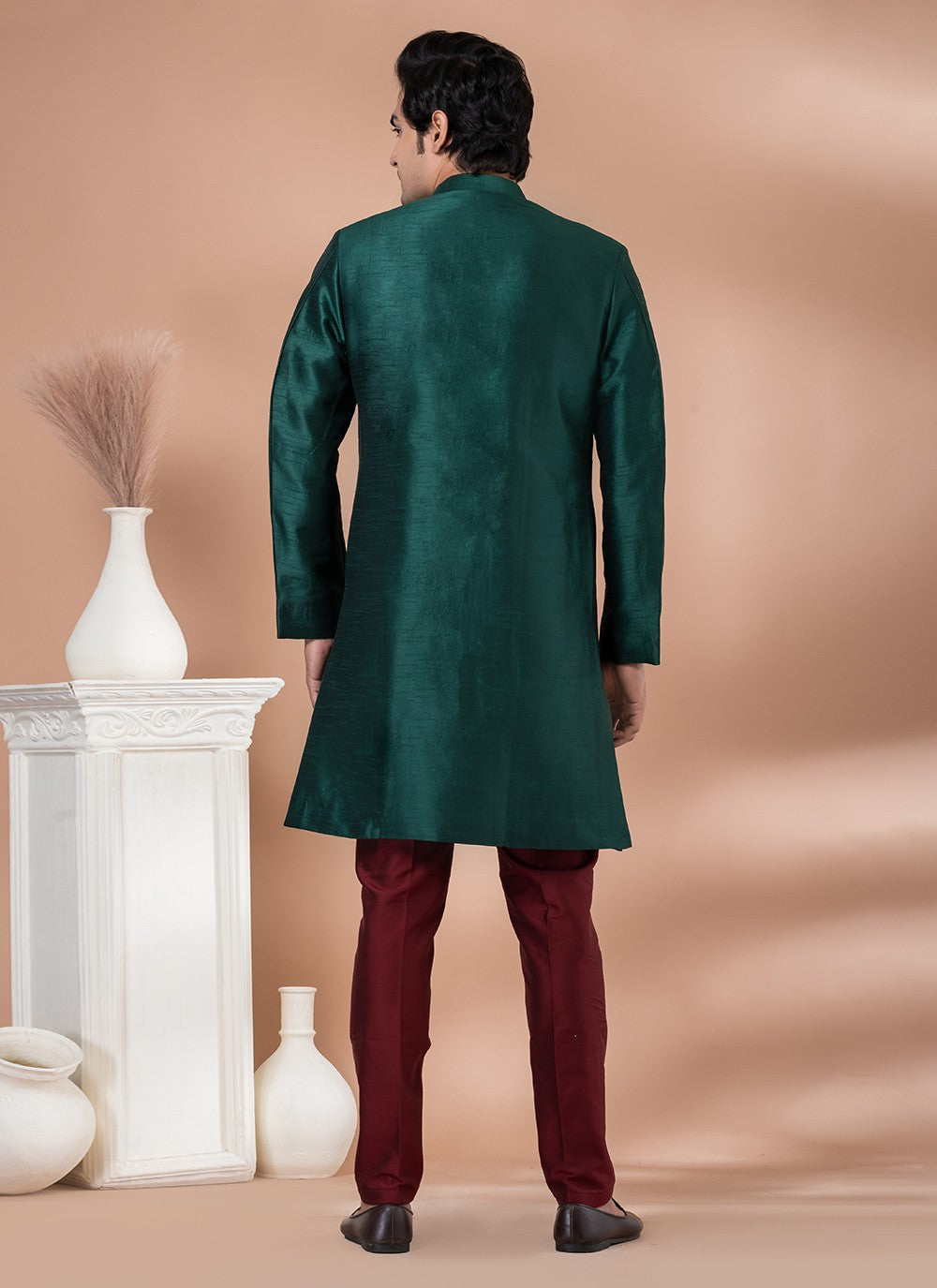 Plain Dupion Silk Green Indo Western - M7058