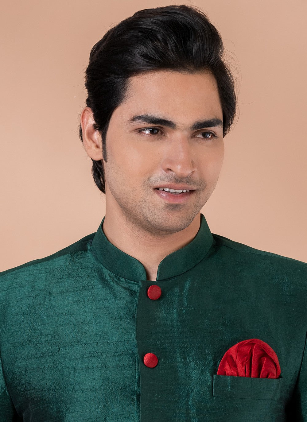 Plain Dupion Silk Green Indo Western - M7058