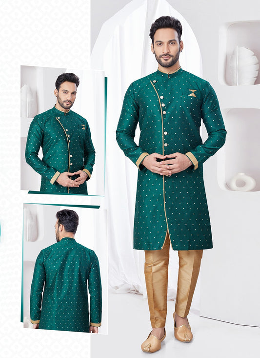 Plain Jacquard Green Indo Western - M7697