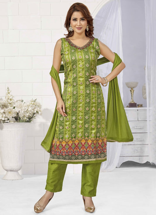 Pant Style Suit Embroidered, Printed Green T7606