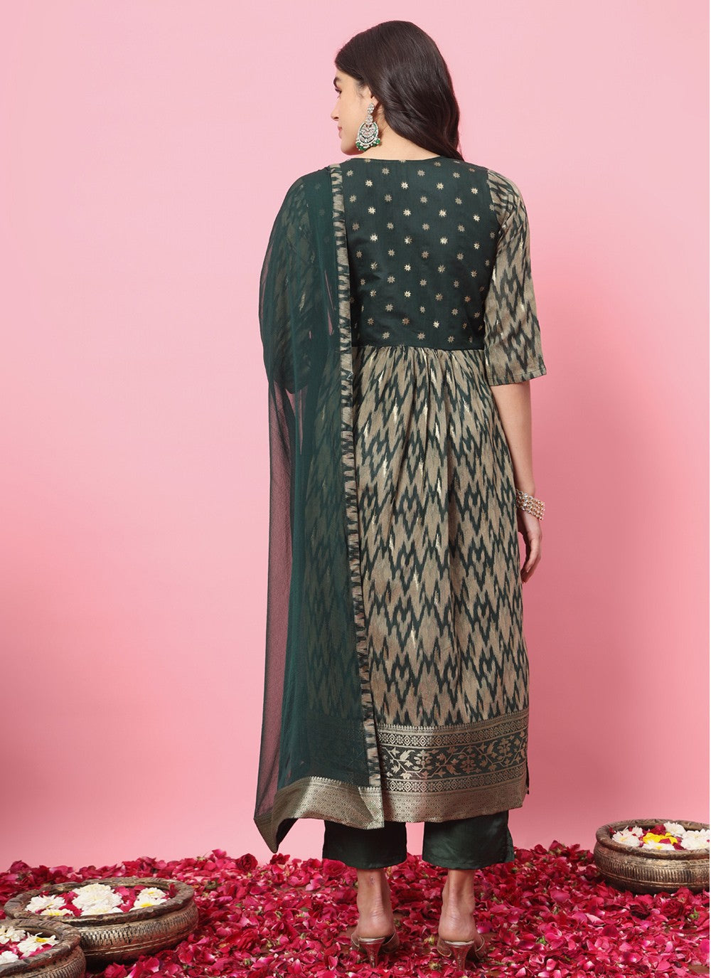 Pant Style Suit Embroidered, Printed Green T7211