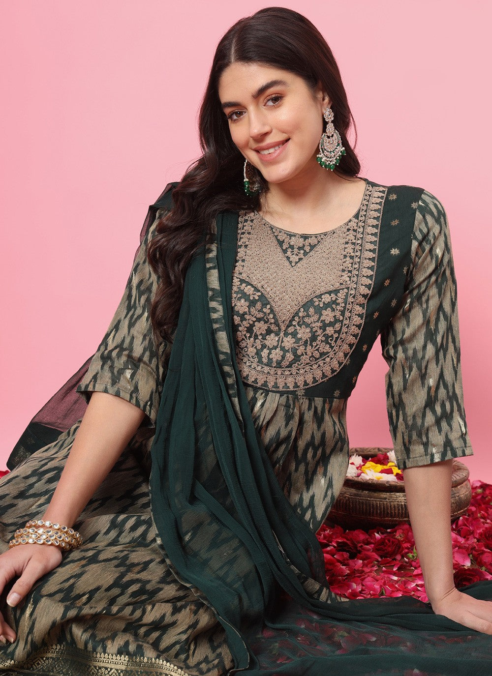 Pant Style Suit Embroidered, Printed Green T7211