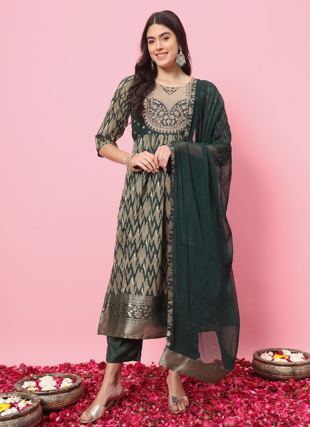 Pant Style Suit Embroidered, Printed Green T7211