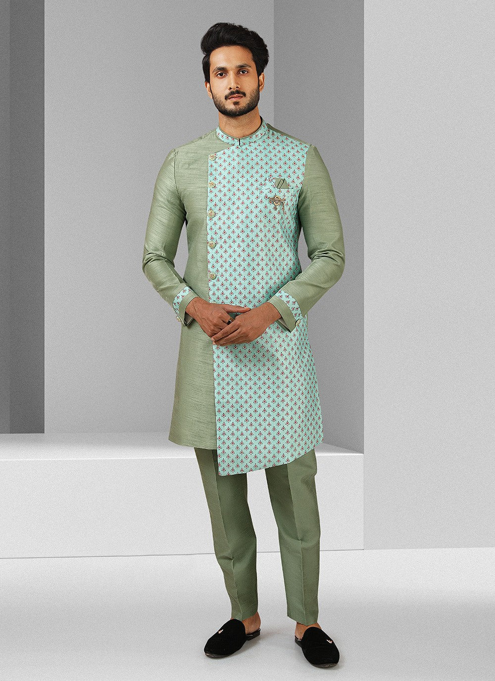 Printed Art Silk Green Indo Western - M2833
