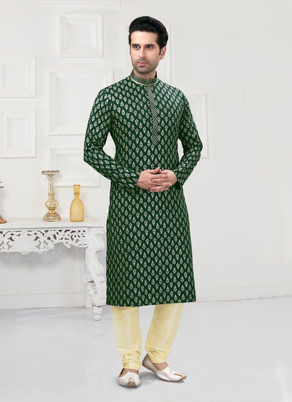 Printed Cotton Green Kurta Pyjama - M3152