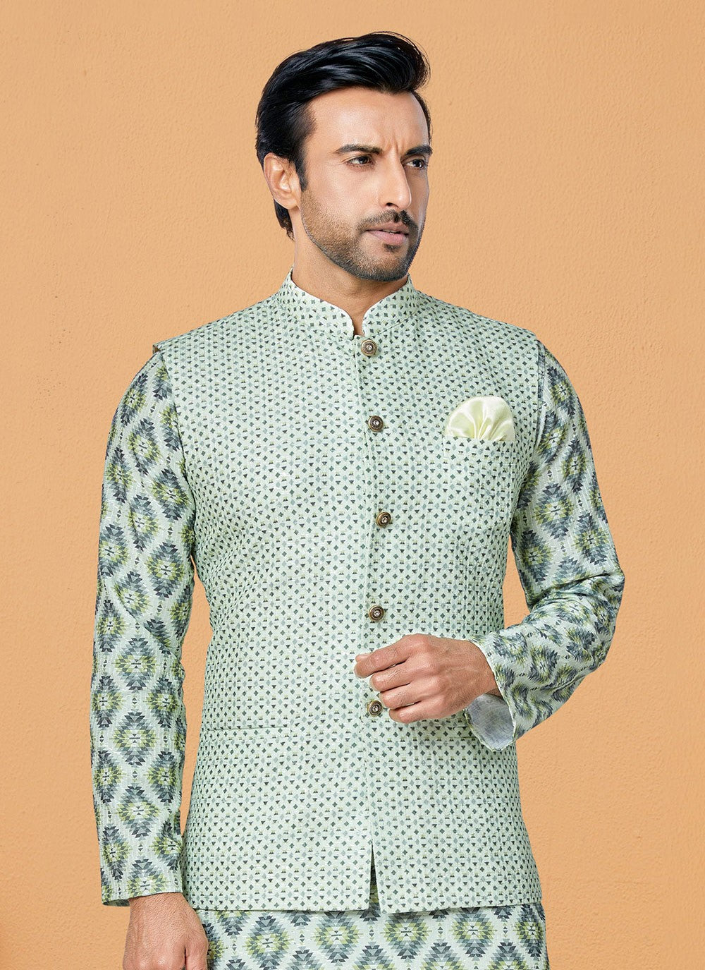 Printed Polyester Green Nehru Jackets - M7428
