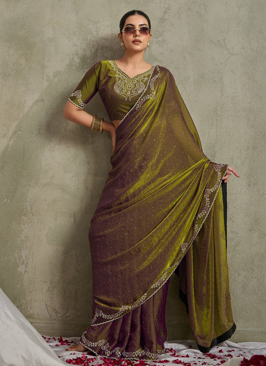 Green Satin Trendy Saree Diamond, Printed S20158