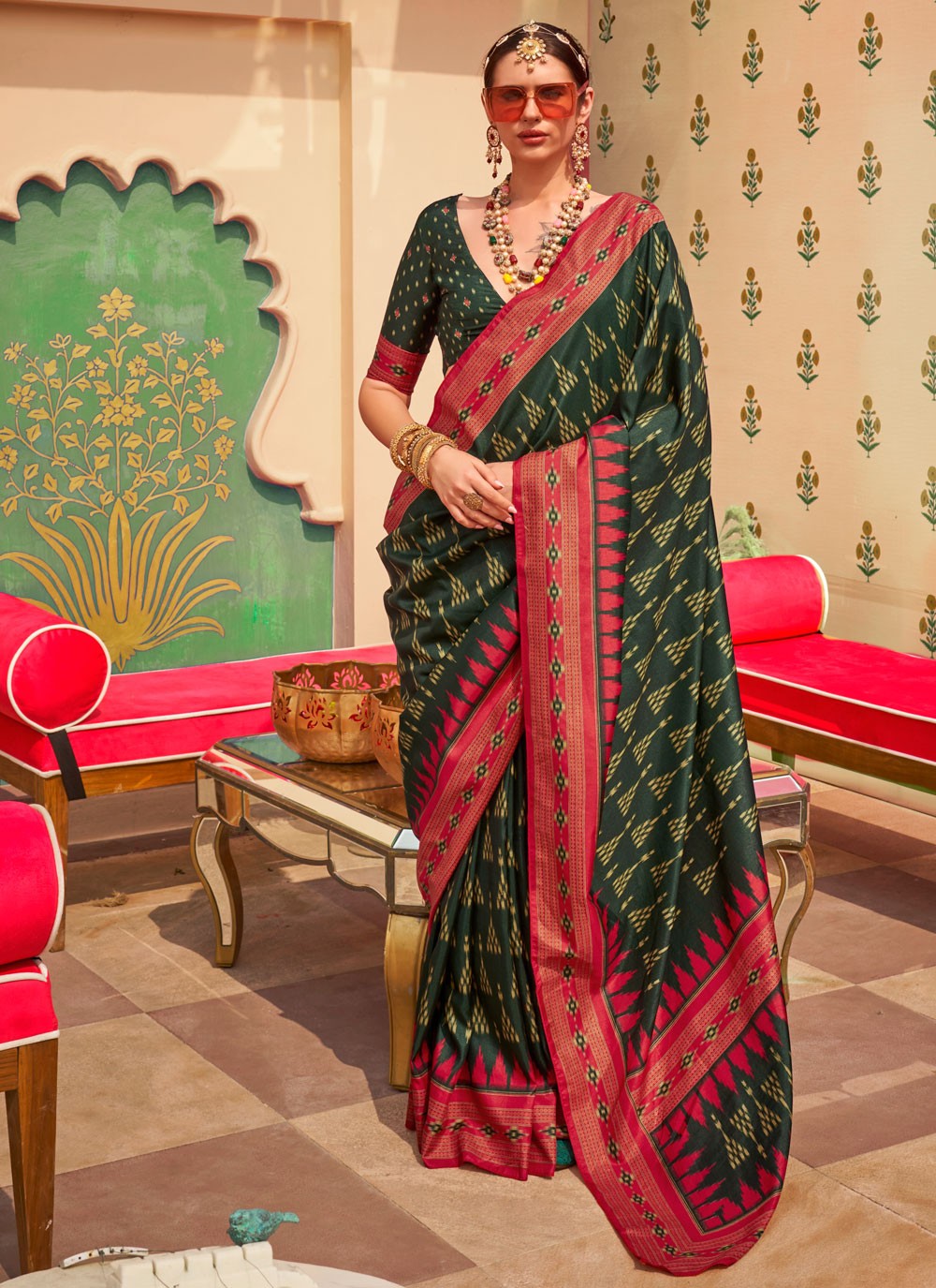 Traditional Printed Green Silk Saree S12420