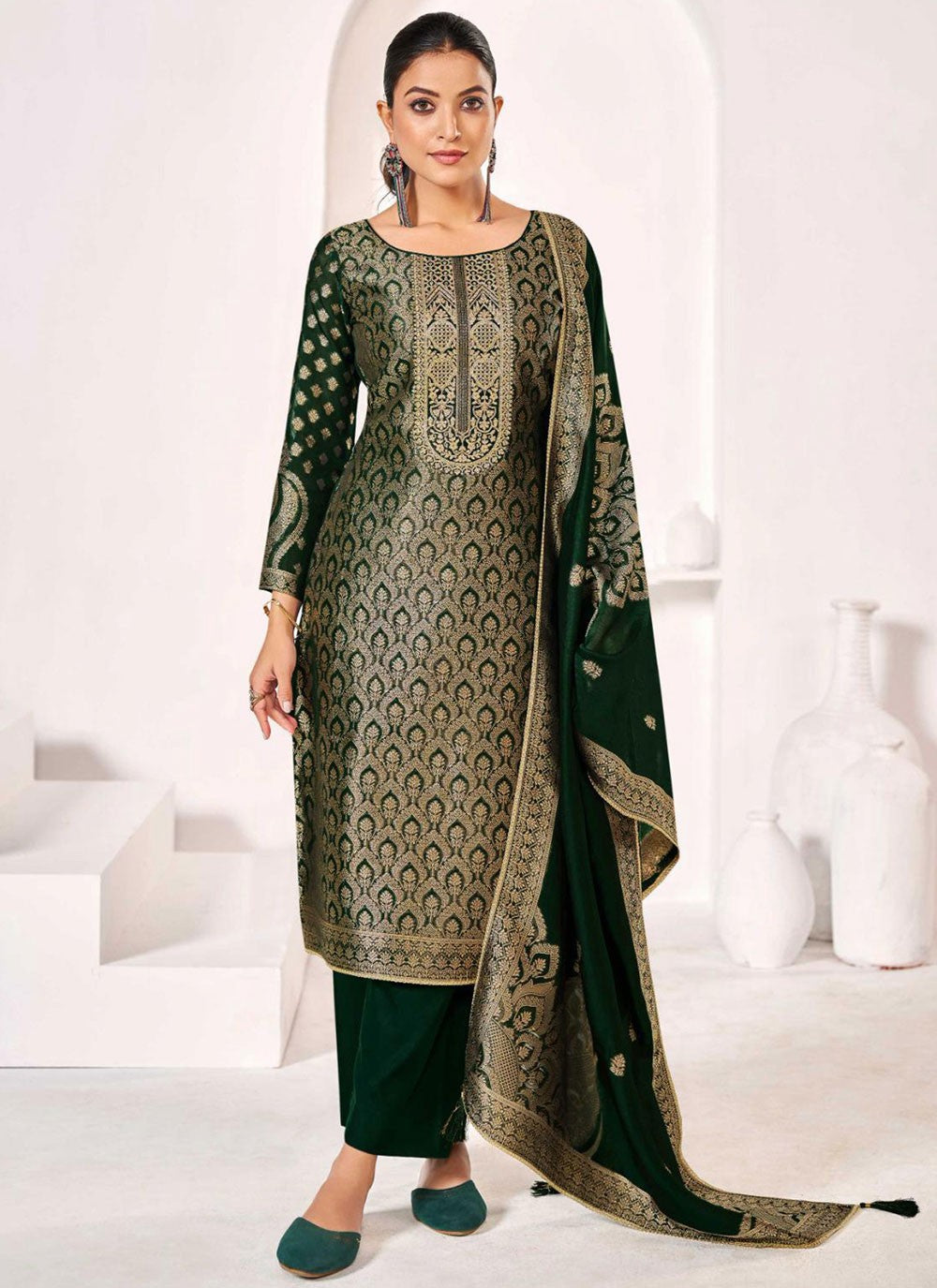 Pant Style Suit Jacquard Work Green T6696