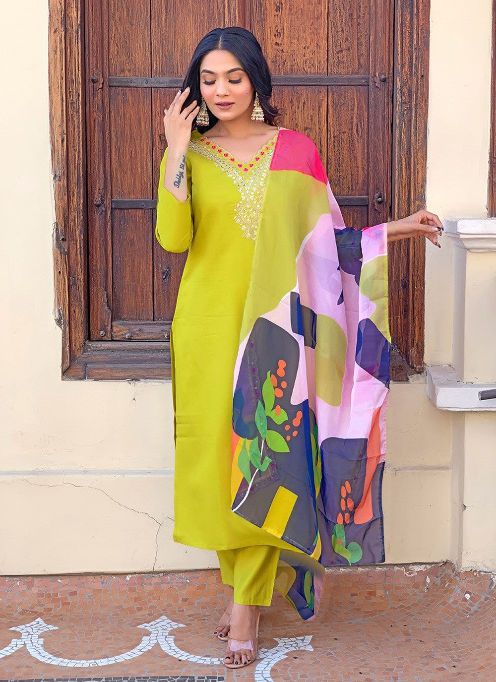Salwar Suit Embroidered Green Rayon T5013