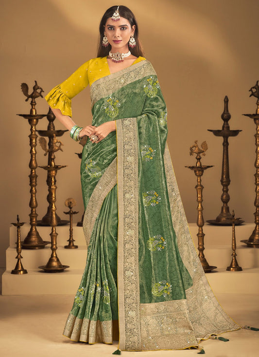 Green Silk Classic Saree Embroidered, Fancy Work, Stones, Swarovski, Weaving Zari, Zari S19460