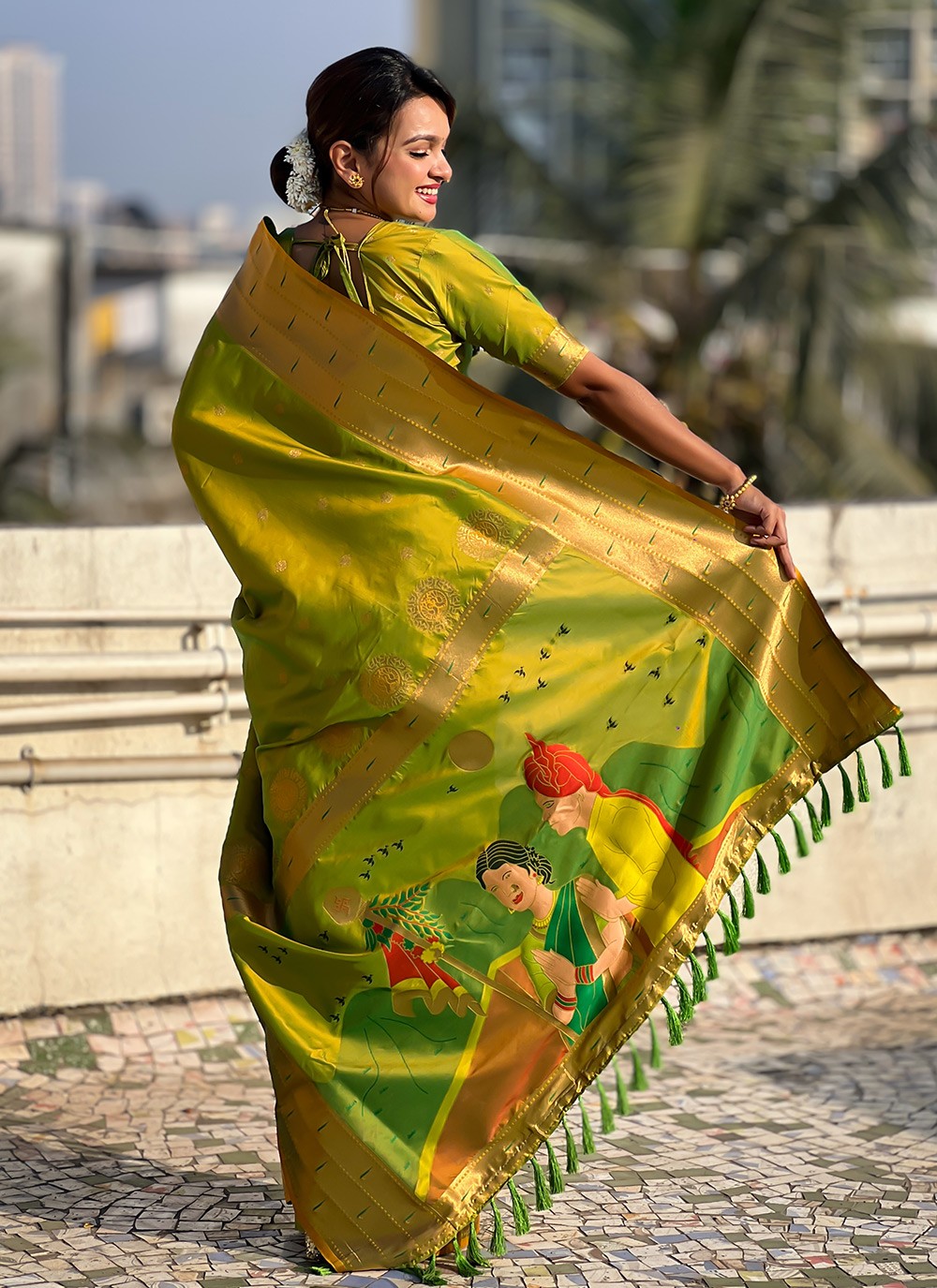 Contemporary Weaving Zari Green Silk Saree S13563