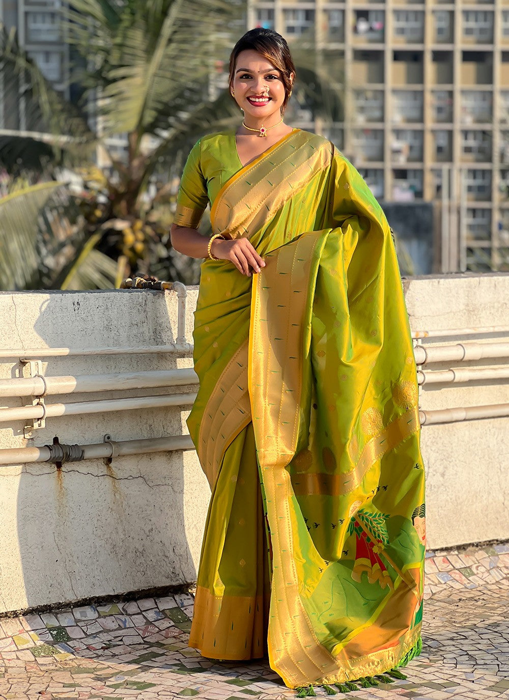 Contemporary Weaving Zari Green Silk Saree S13563