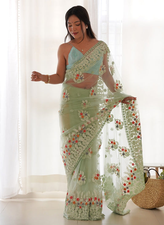 Green Net Contemporary Saree Embroidered, Thread S19070