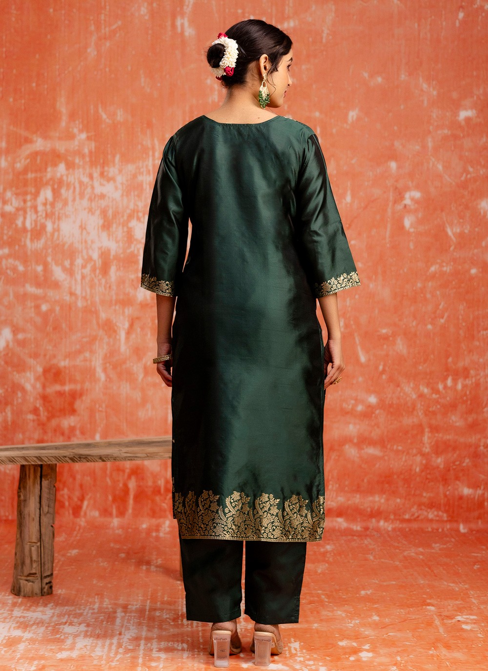 Pant Style Suit Jacquard Work, Zari Green T7289