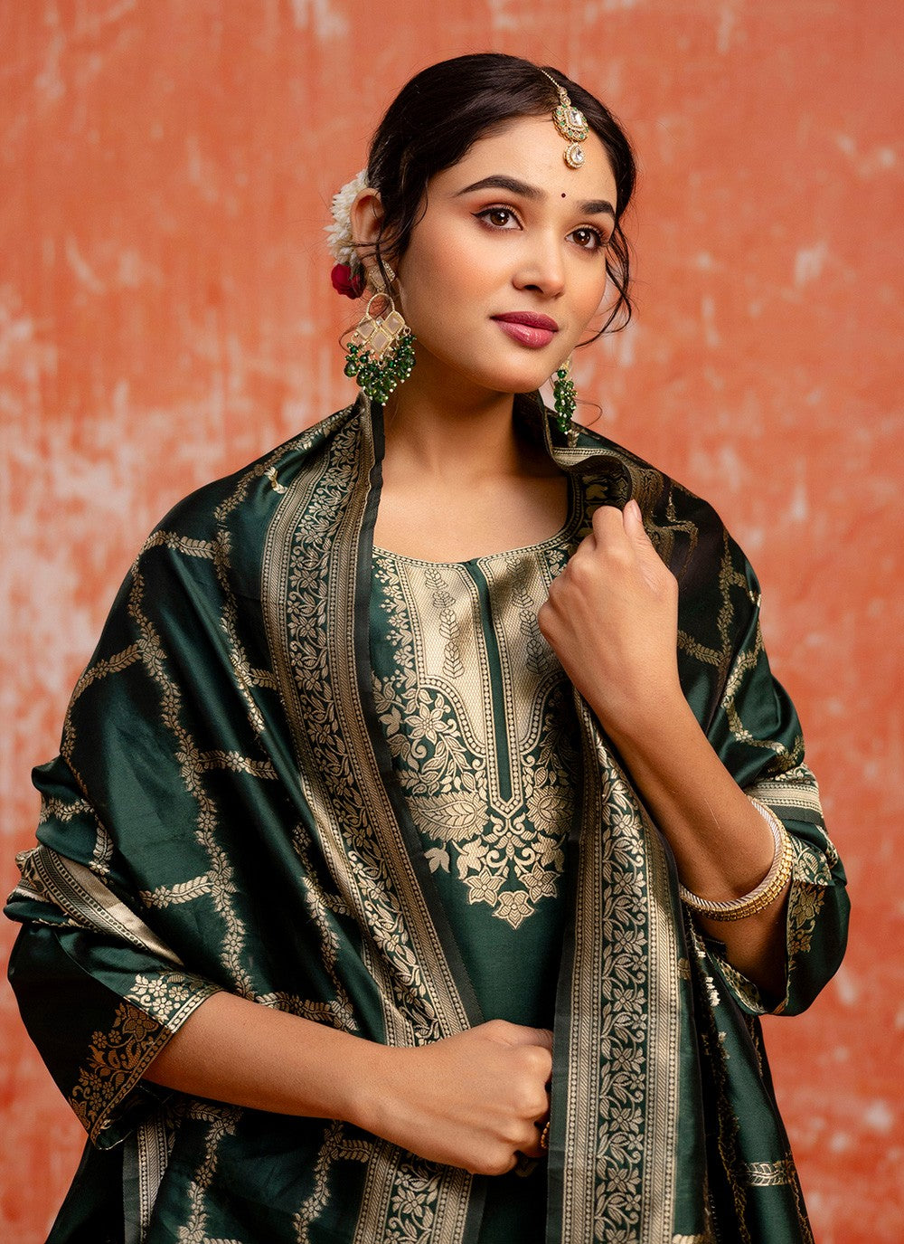 Pant Style Suit Jacquard Work, Zari Green T7289