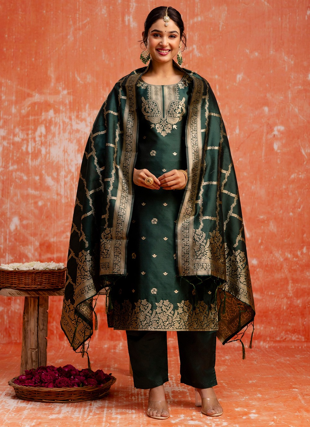 Pant Style Suit Jacquard Work, Zari Green T7289