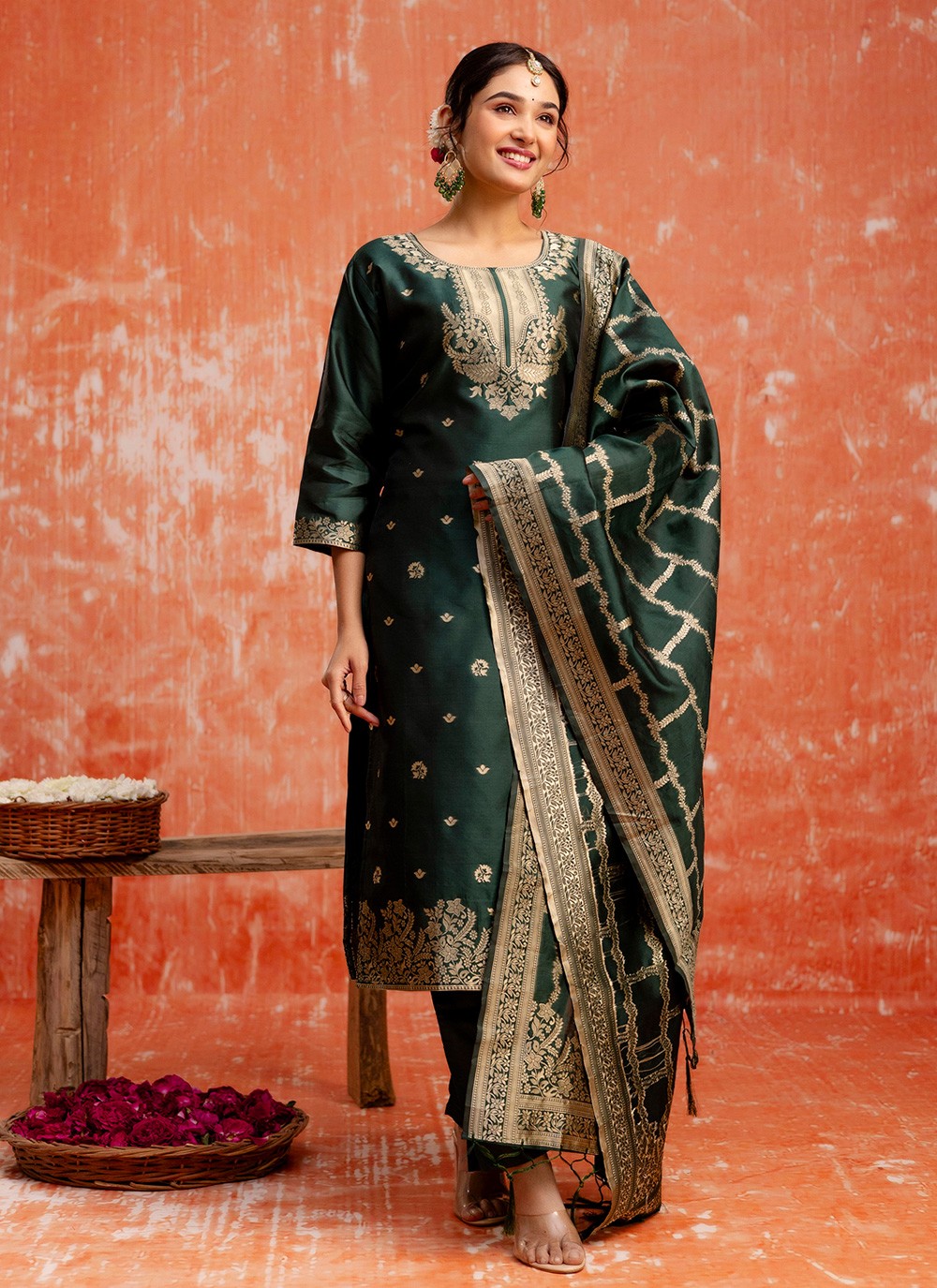 Pant Style Suit Jacquard Work, Zari Green T7289