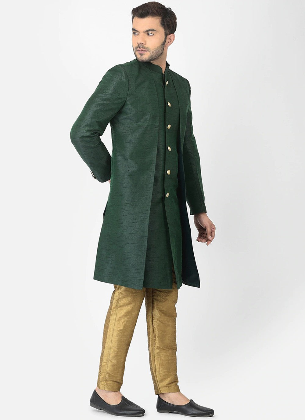Plain Dupion Silk Green Indo Western - M6282