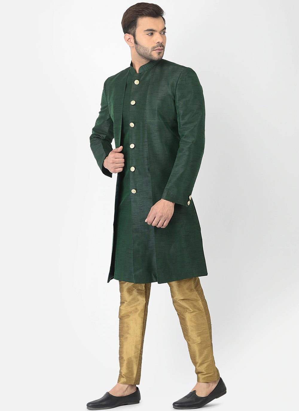 Plain Dupion Silk Green Indo Western - M6282
