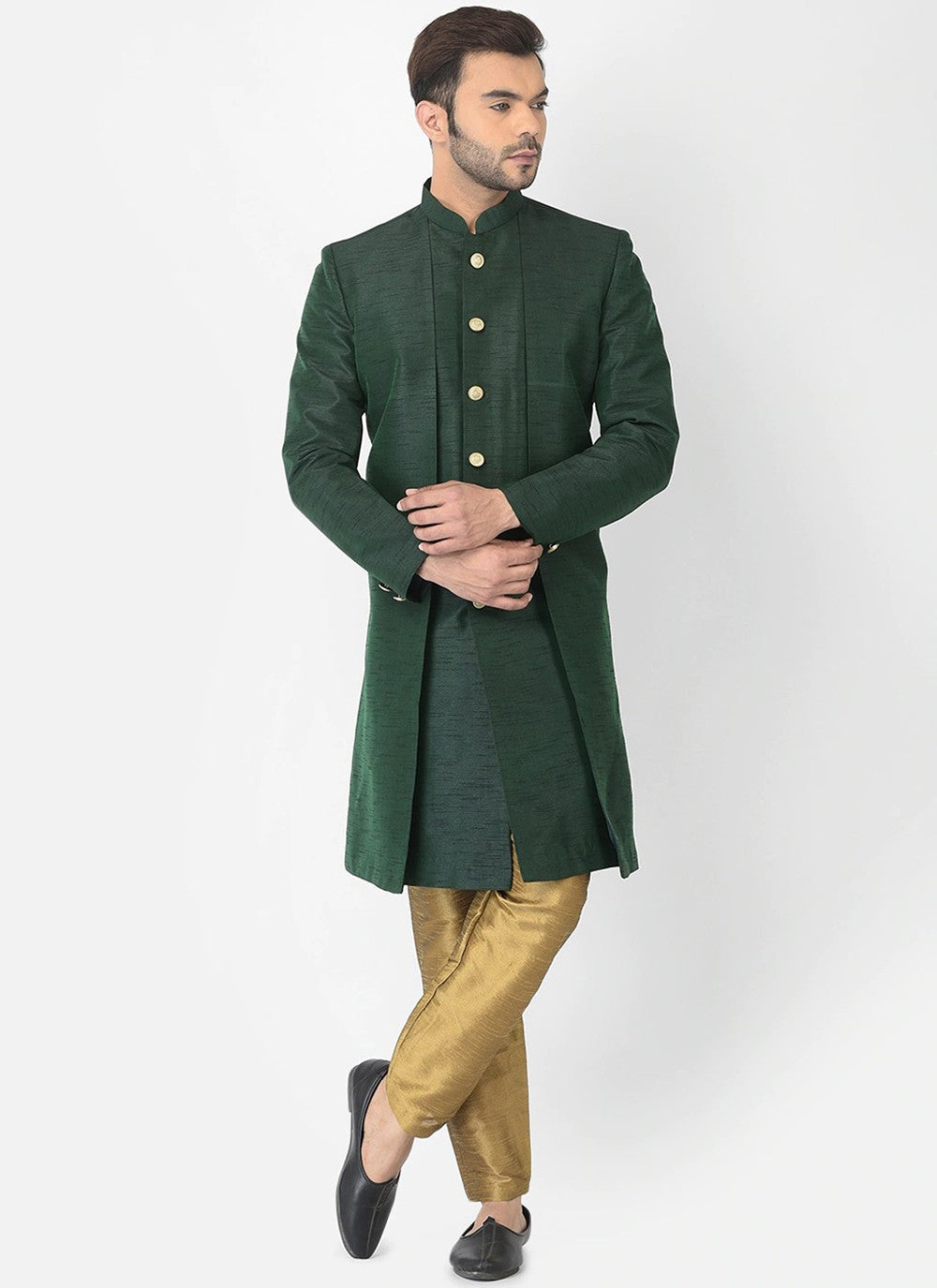 Plain Dupion Silk Green Indo Western - M6282