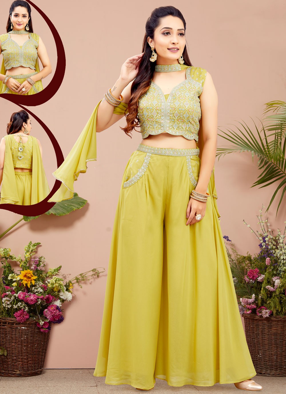 Palazzo Suit Embroidered Green T6709