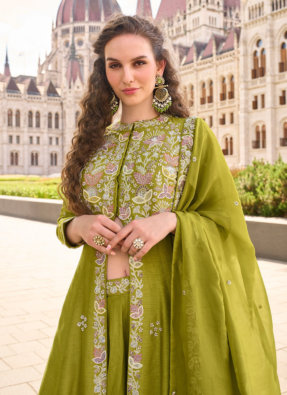 Palazzo Suit Embroidered Green T8056