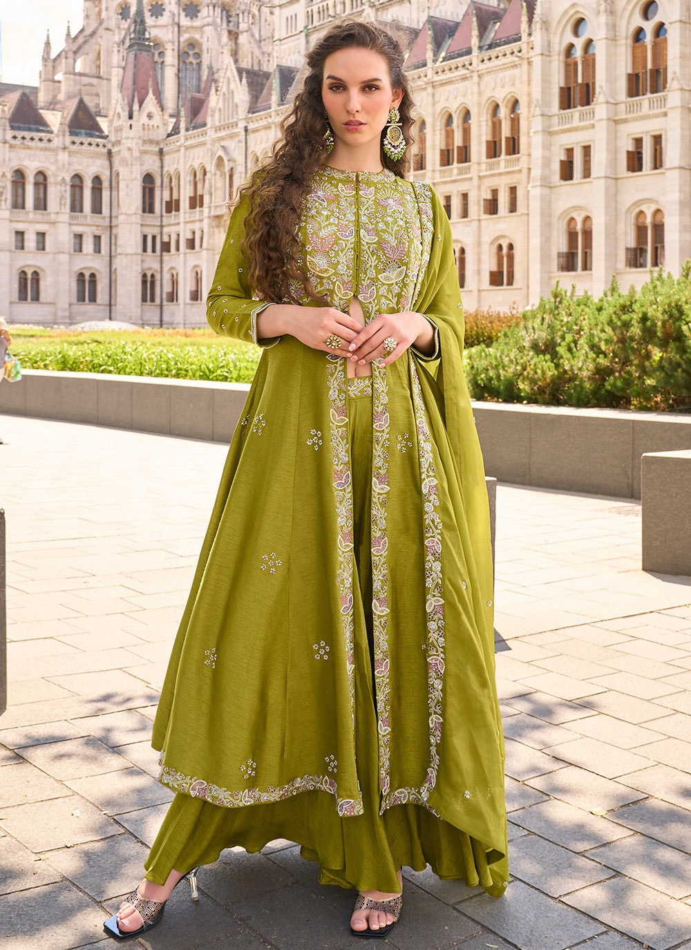 Palazzo Suit Embroidered Green T8056