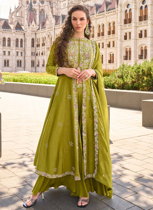 Palazzo Suit Embroidered Green T8056