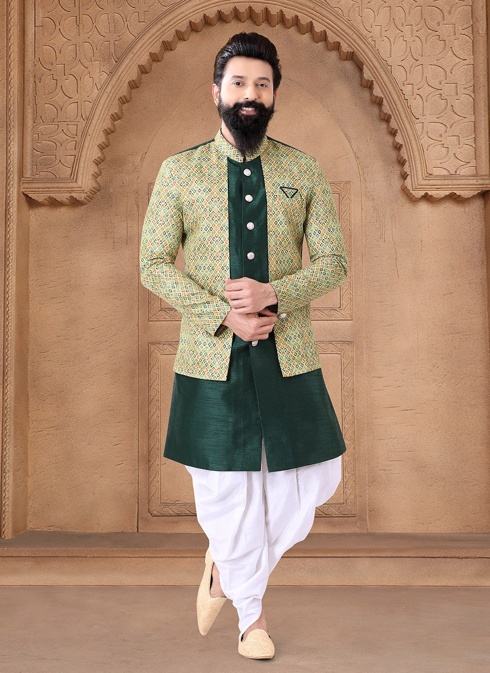 Embroidered Silk Green Sherwani - M7638