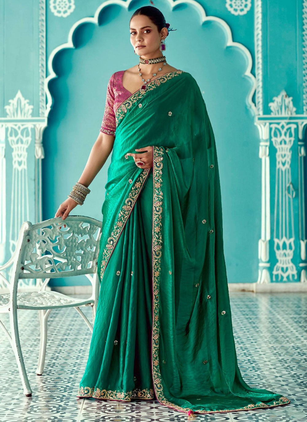 Trendy Saree Embroidered Green Glass Tissue Saree S13278