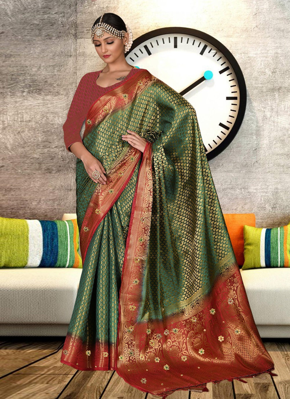 Hand Embroidery Kanjivaram Silk Green Saree S13762