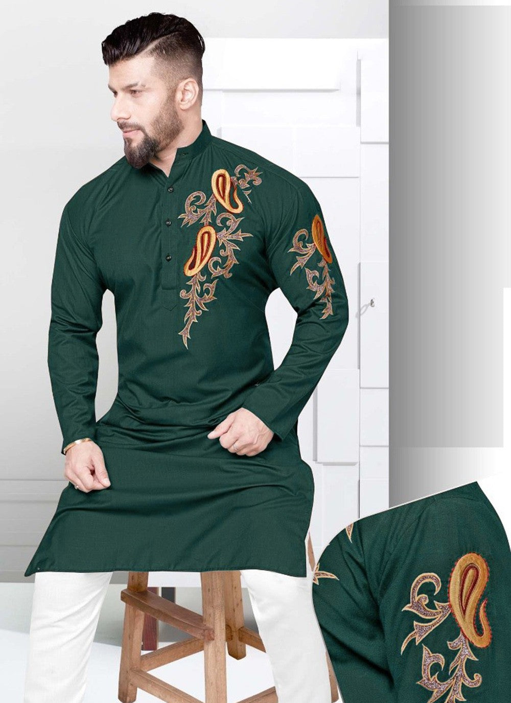 Resham Cotton Green Kurta - M2266