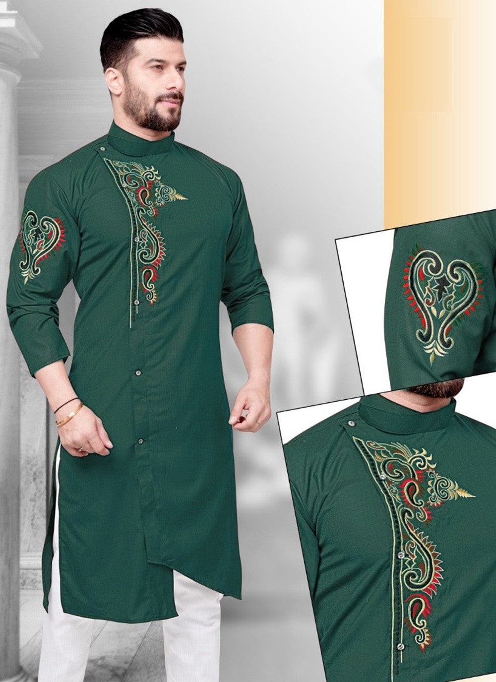 Resham Cotton Green Kurta - M2268