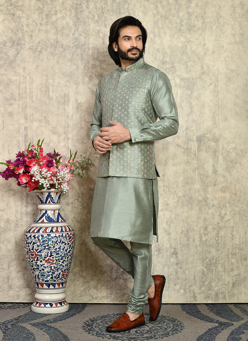 Embroidered Art Silk Green Kurta Payjama With Jacket - M8005